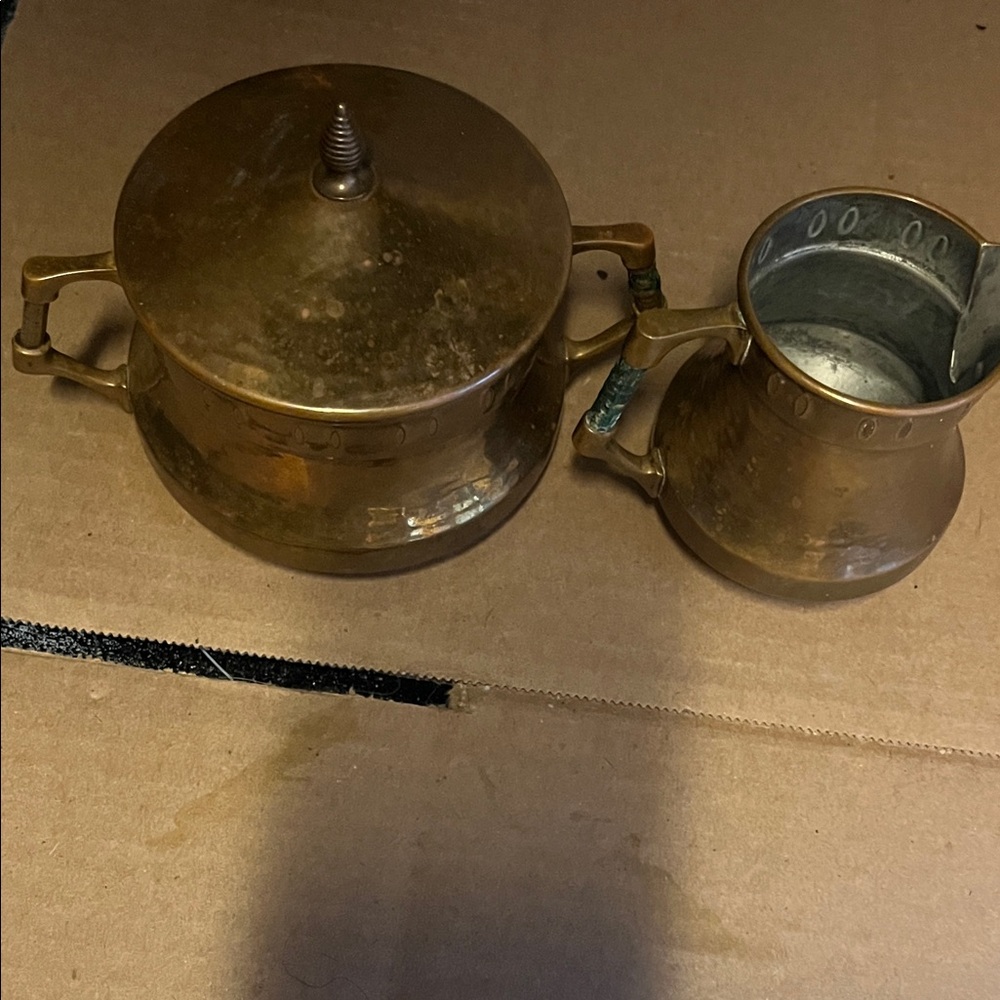 Vintage Brass Sugar Bowl and Creamer Set as found